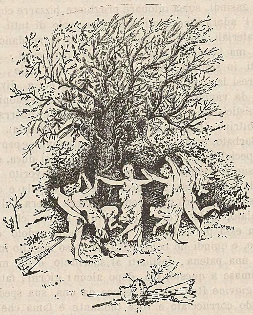 Pagans dancing around the Walnut of Benevento - Enrico Isernia, Istoria della città di Benevento dalla sua origine fino al 1894 – © Benevento, Stabilimento Tipografico A. D'Alessandro e Figlio, 1895