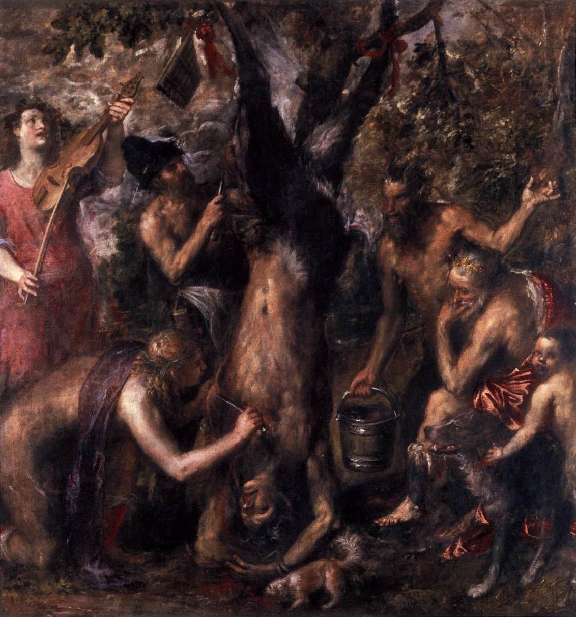 The Flaying of Marsyas, one of Titian's last works (1570's) illustrates Ovid's myth of the satyr Marsyas being skinned alive by the god Apollo after unsuccessfully challenging him to a musical battle. – Archidiocese Olomouc, Archiepiscopal Palace, Picture Gallery