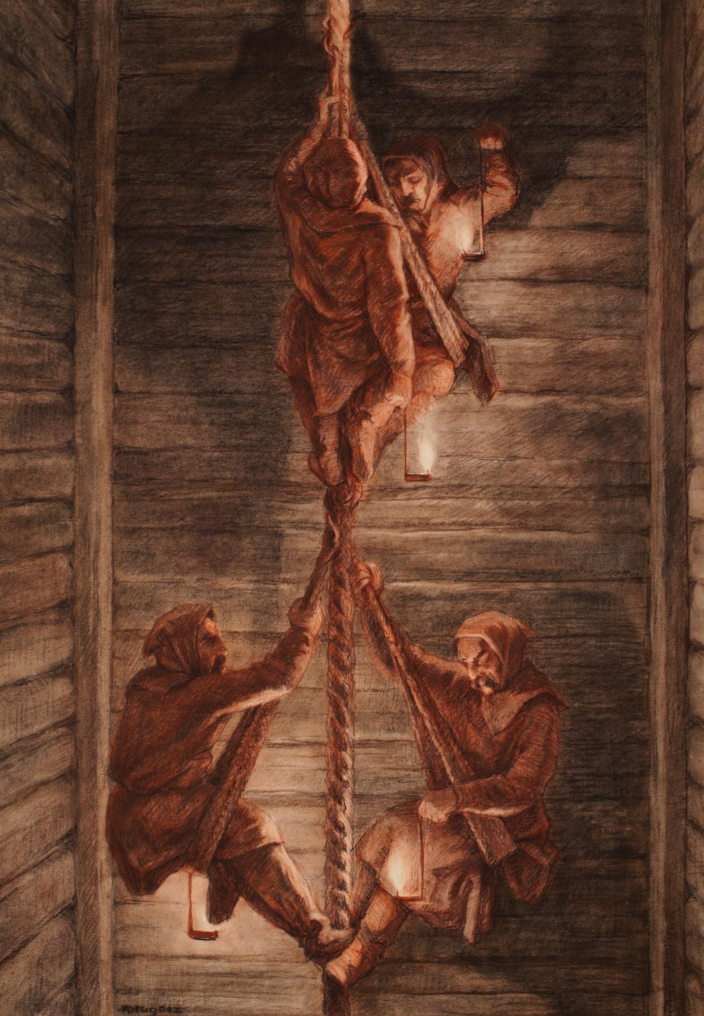 Medieval miners descending into Wieliczka Salt Mine. – © Saltworks Museum in the Wieliczka Salt Mine. Drawing by Alfons Długosz