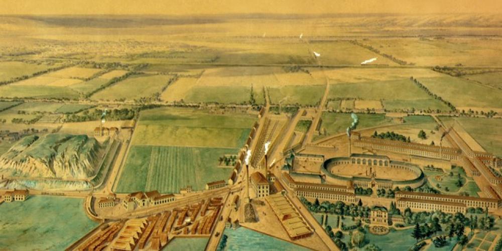 Birds-eye view of Grand-Hornu Watercolour by M. V. Rose (1900) – © CID au Grand-Hornu Birds-eye view of Grand-Hornu Watercolour by M. V. Rose (1900) – © CID au Grand-Hornu