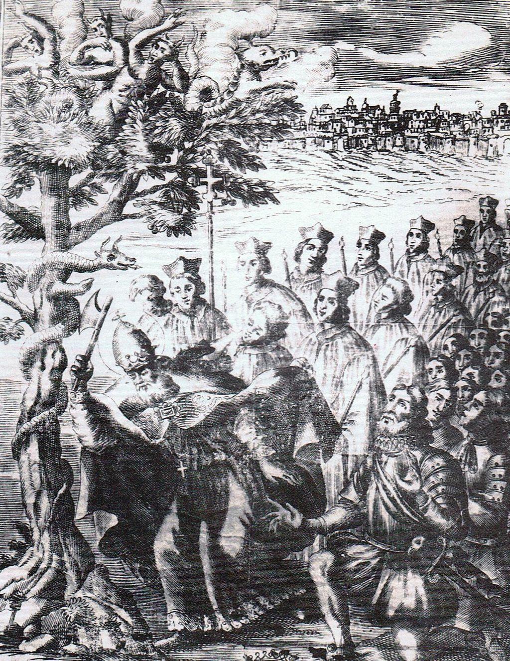 San Barbato knocks down the walnut (18th century Benevento engraving)