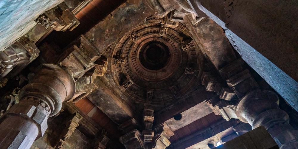 Sculptures are carved into the ceiling of the temple sanctum but the interior decorative work wasn’t completed. – © Michael Turtle Sculptures are carved into the ceiling of the temple sanctum but the interior decorative work wasn’t completed. – © Michael Turtle