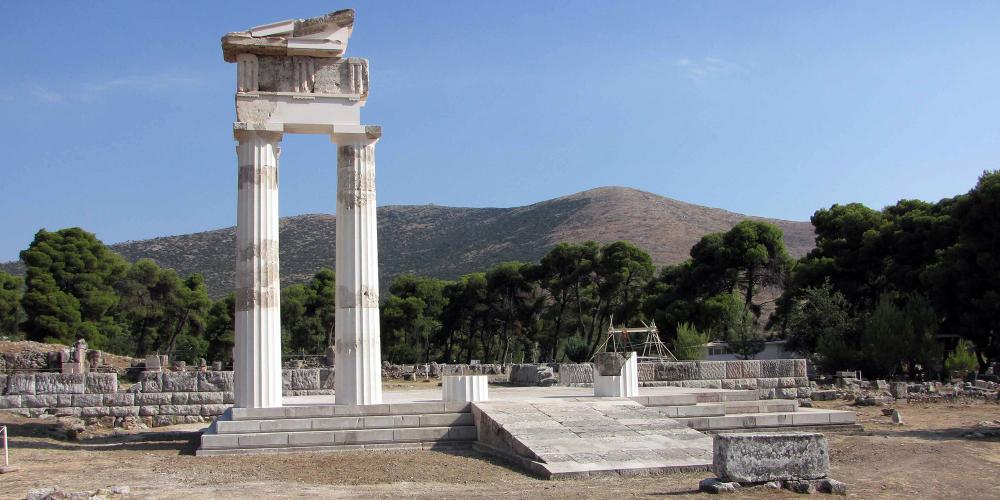 The Sanctuary of Asclepius in Epidaurus.The entrance of the Banquet Hall partially restored. – Hellenic Ministry of Culture and Sports / Ephorate of Antiquities of Argolida The Sanctuary of Asclepius in Epidaurus.The entrance of the Banquet Hall partially restored. – Hellenic Ministry of Culture and Sports / Ephorate of Antiquities of Argolida