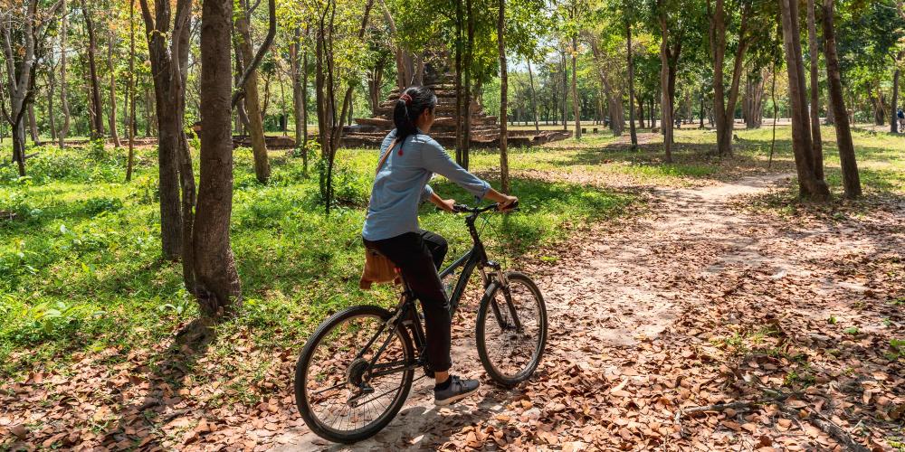 Cycling past some of the temple ruins in the forest of the West Zone of the historical park. – © Michael Turtle