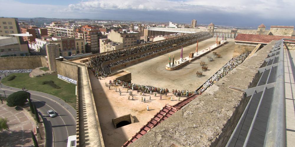 A modern street with a representation of the ancient Roman Circus. – © Imageen