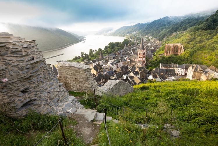 La vue sur ville de Bacharach depuis les vignobles se prête parfaitement à une séance photo et est un excellent exemple du « romantisme rhénan ». – © Herbert Piel / Piel Media, Rheintouristik Tal der Loreley