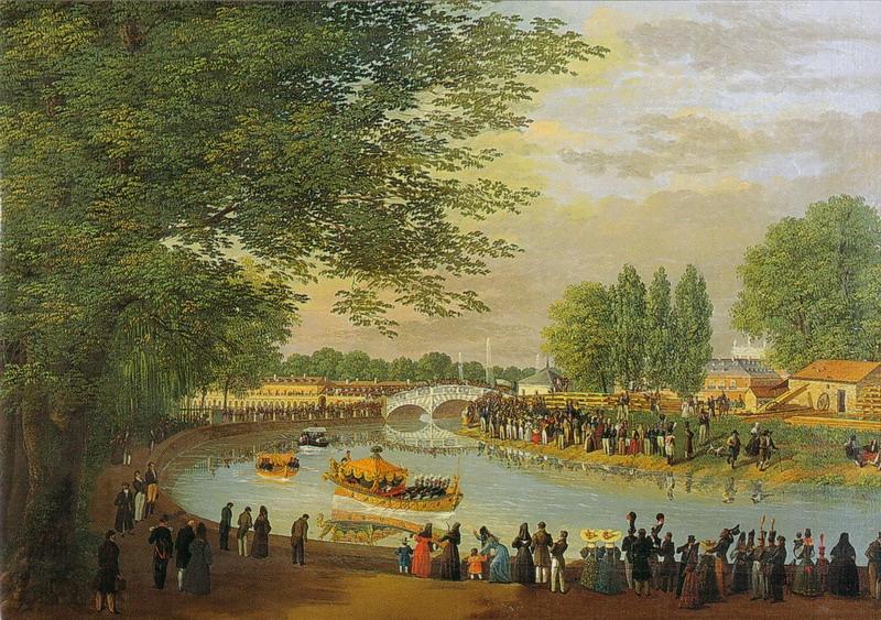 View of the Puente de Barcas bridge and the Royal Falúa, by Brambila, Fernando (1830)