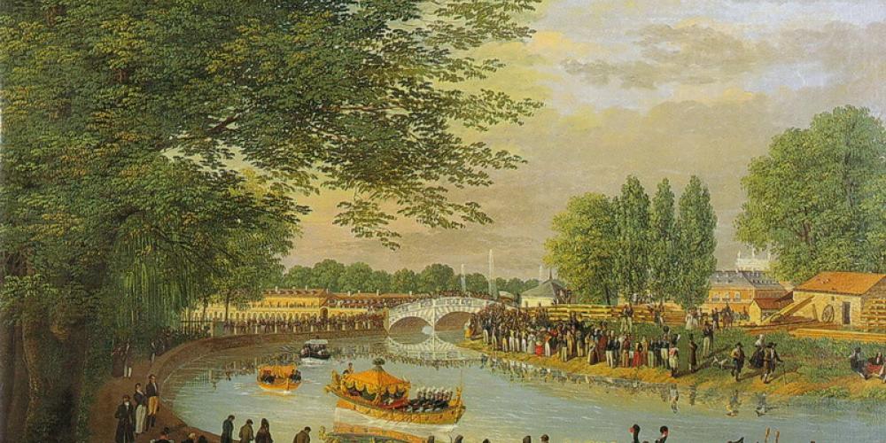 View of the Puente de Barcas bridge and the Royal Falúa, by Brambila, Fernando (1830)