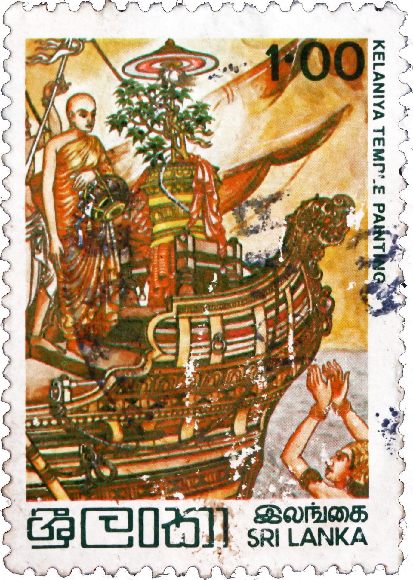 Postage stamp showing Emperor Ashoka's daughter, Princess Sanghamitta bringing the Bodhi Tree Branch to Sri Lanka by ship. – © Boris15 / Shutterstock