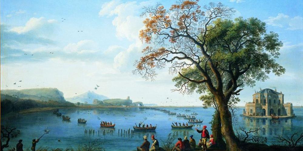 King Ferdinand IV of Bourbon hunting coots at Lake Fusaro, overlooking Casina Vanvitelliana. – Painting by Jakob Philipp Hackert (1783) / Museum of Capodimonte, Naples King Ferdinand IV of Bourbon hunting coots at Lake Fusaro, overlooking Casina Vanvitelliana. – Painting by Jakob Philipp Hackert (1783) / Museum of Capodimonte, Naples