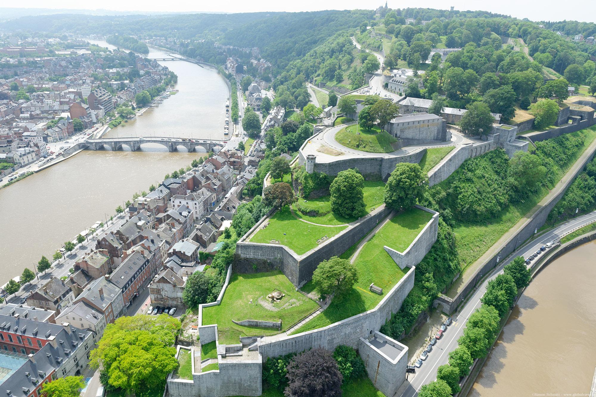 An aerial view of the Citadel of Namur, taken at the confluence of the Sambre and the Meuse.