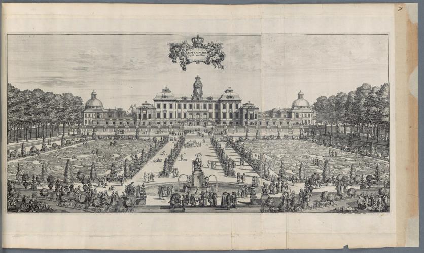 Just as they did years ago, visitors will find straight lines framed by linden trees and the Hercules fountain created by Dutch sculptor Adriaen de Vries. – Engraving by Willem Swidde, 1692