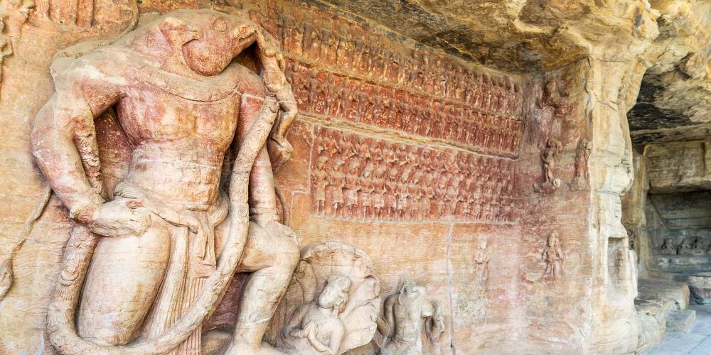 Near Sanchi are the Udaigiri Caves, which were carved and decorated by Hindu and Jaina worshippers in the 4th-5th centuries. – © Michael Turtle