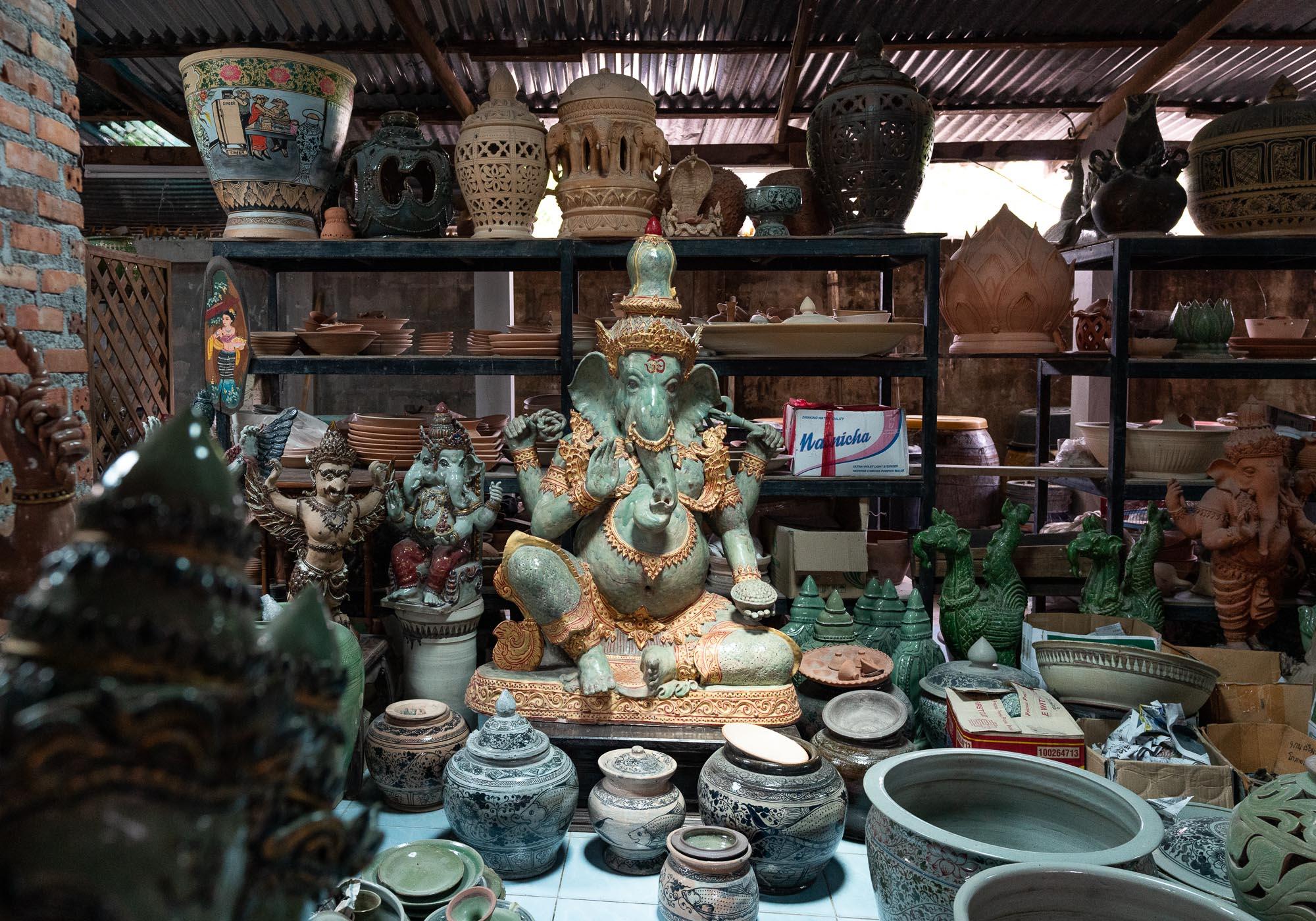The ceramic products for sale in Sukhothai range from small items to large sculptures. – © Michael Turtle