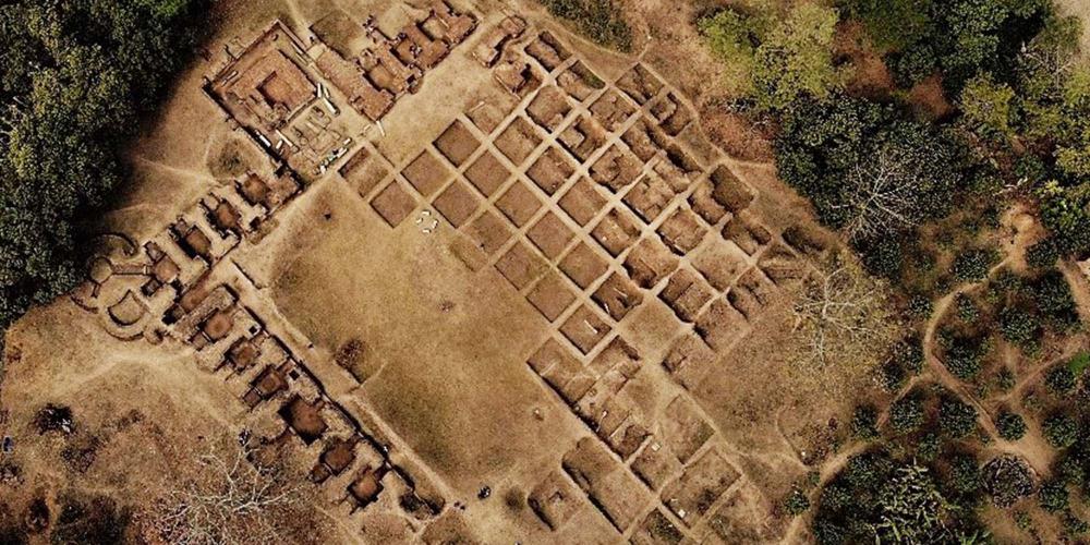 Aerial view of the North Wing of the Buddhist vihara, Jagaddala Vihara, 12th century CE, Dhamuirhat, Naogaon – © Khairul Islam