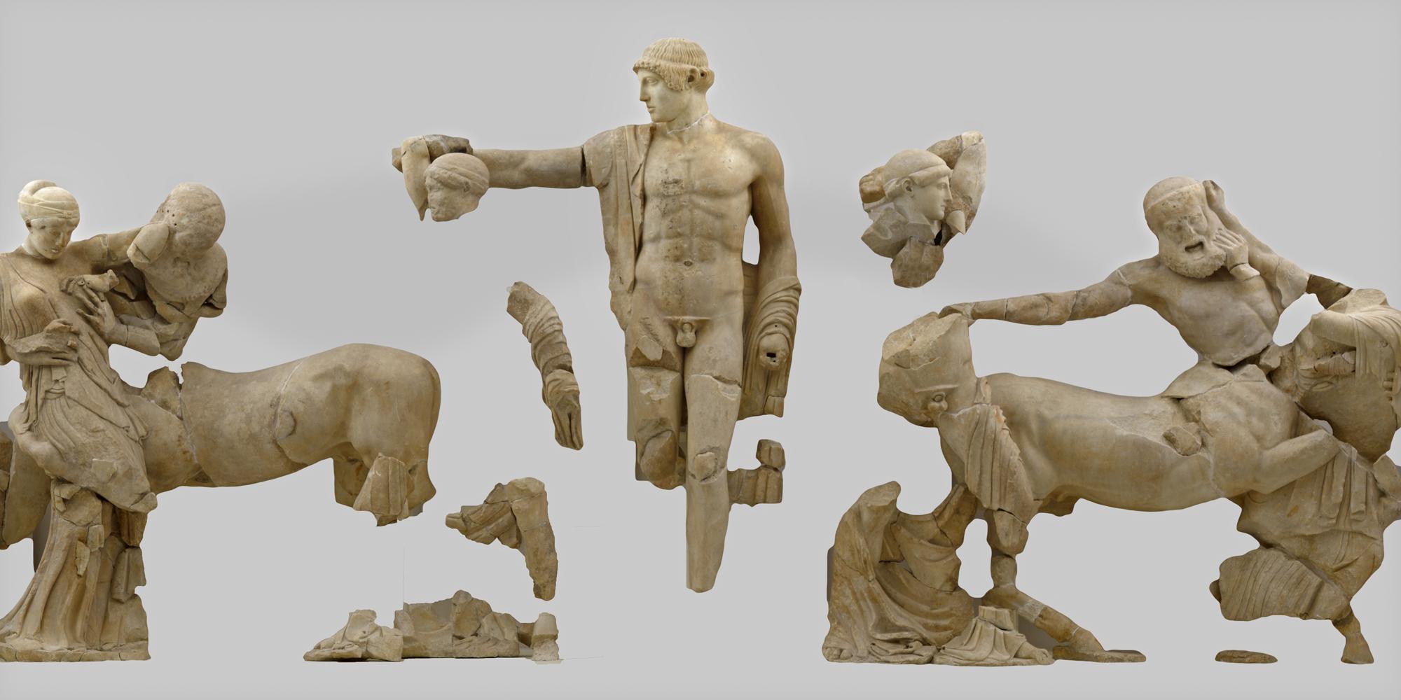 The western pediment of the Temple of Zeus represents the battle between Centaurs and Lapiths. – © Hellenic Ministry of Culture and Sports / Ephorate of Antiquities of Ilia (efailias)