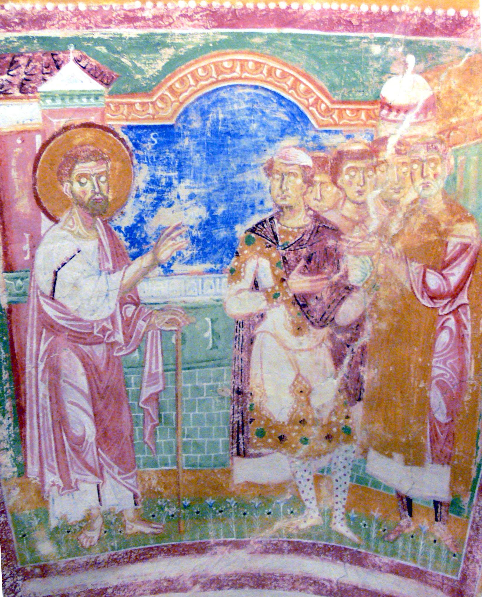 Fresco in the Basilica di Santa Maria Assunta depicting the inhabitants of Aquileia introducing their bishop Hermagoras to Saint Mark (circa 1180). – © Photograph by Wolfgang Sauber / Wikimedia