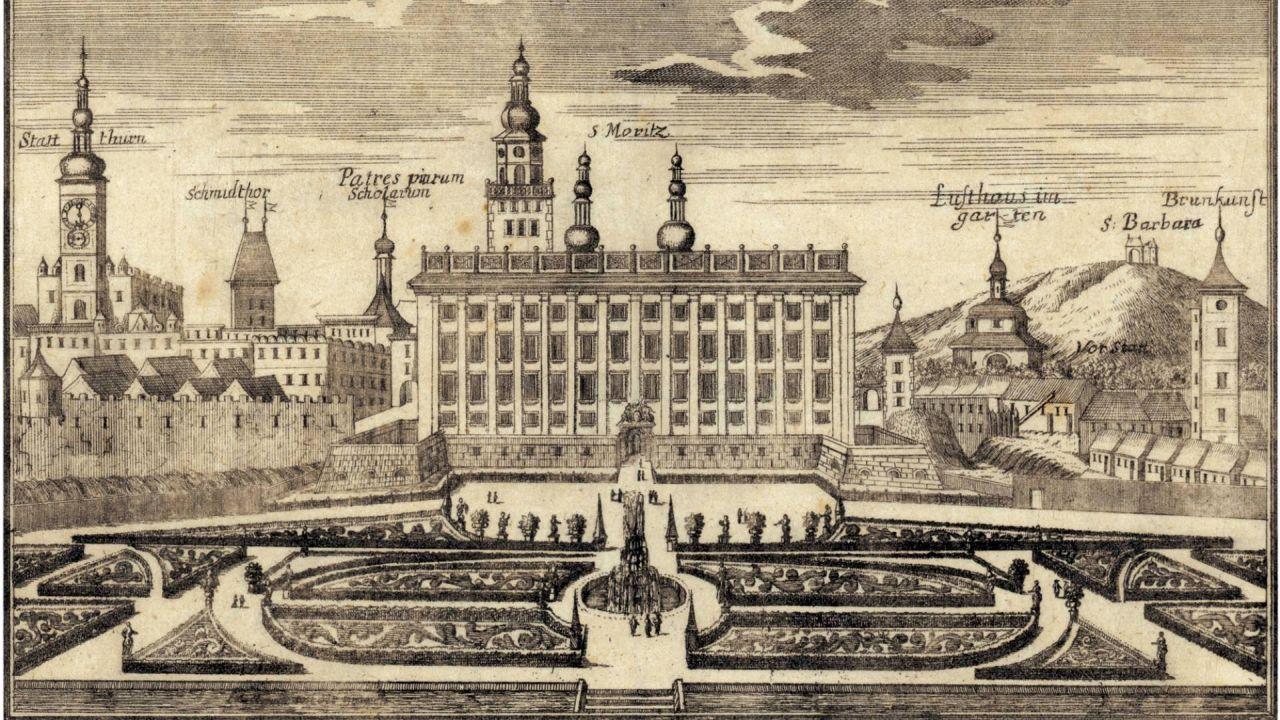 The Castle and the Castle Garden of Kroměříž in the year 1691 after Bishop Karl Liechtenstein's reconstruction. The drawing by Justus van den Nypoort. - © Archive of the Archiepiscopal Castle Kroměříž