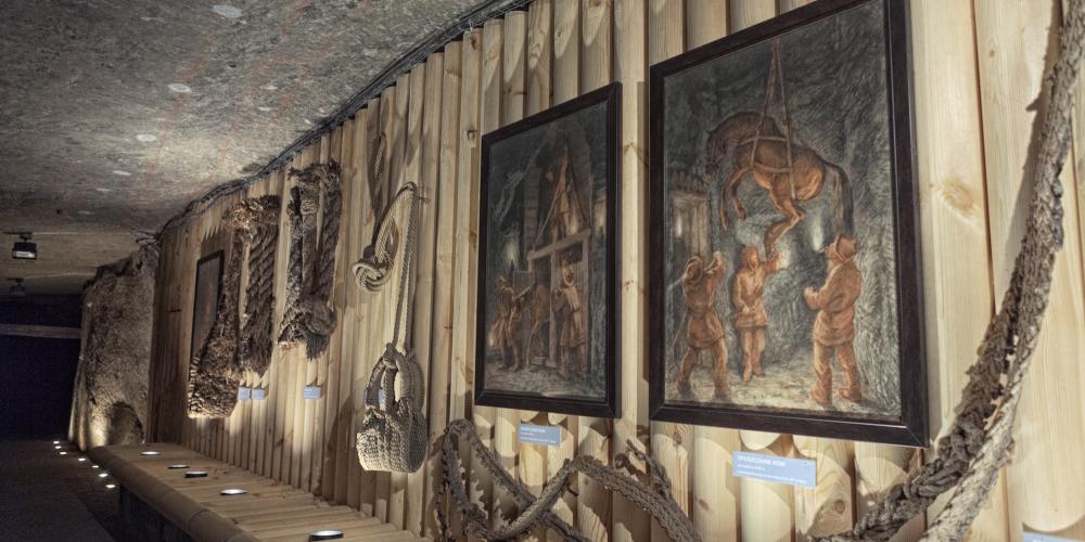 The visitors can see how horses were transported to the salt mine in the former times in the Wieliczka Salt Mine thanks to the paintings of the founder of the Museum, Alfons Długosz. – © Bartek Papież