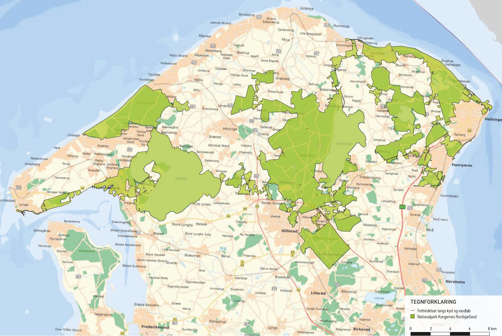 The map of the proposed National Park Kongernes Nordsjælland shows the reach of this relaxing haven. – © Municipalities of Hillerød, Gribskov, Halsnæs, Fredensborg, and Helsingør