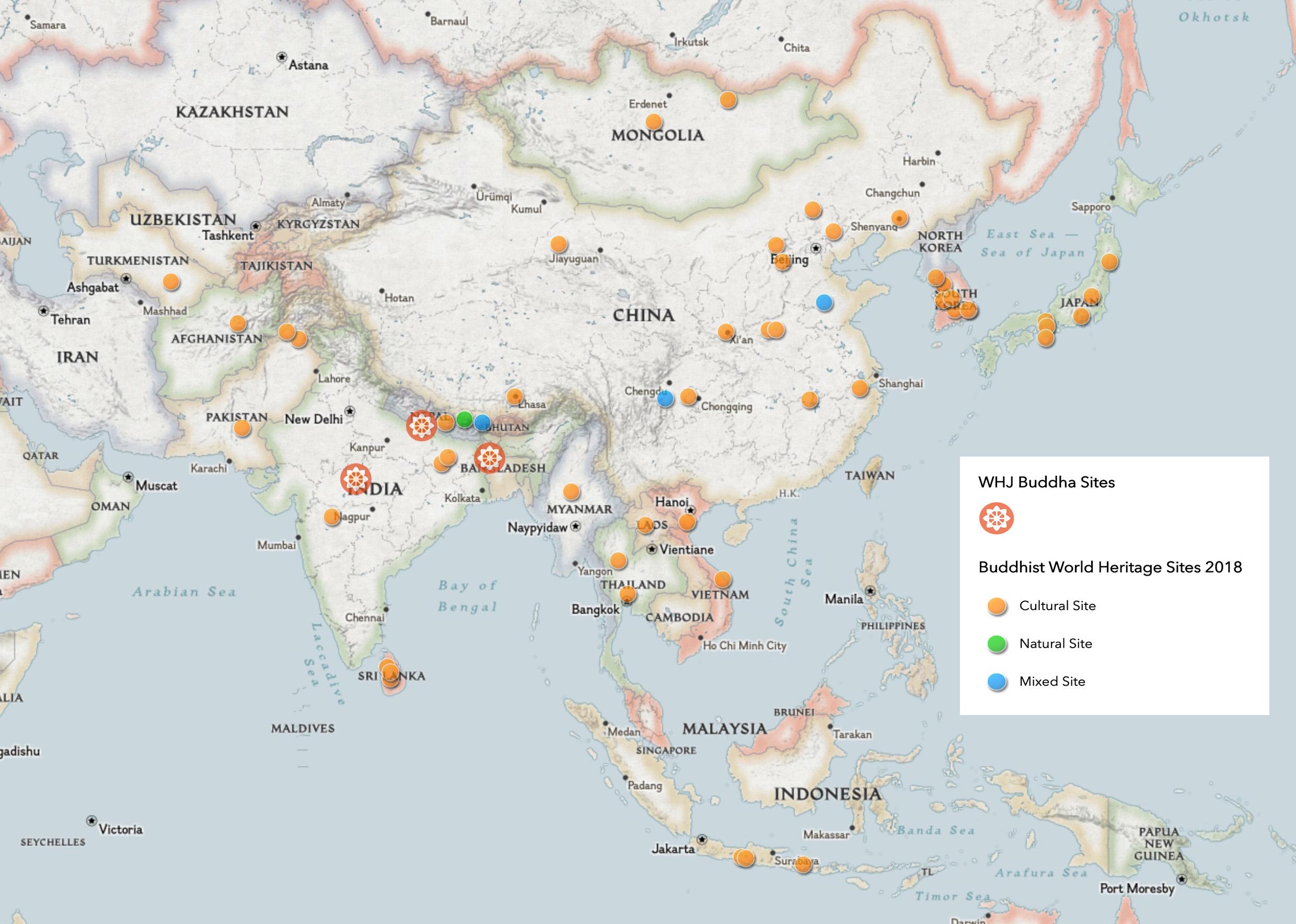 As of 2019, there are 57 UNESCO sites related to Buddhism – © National Geographic Maps