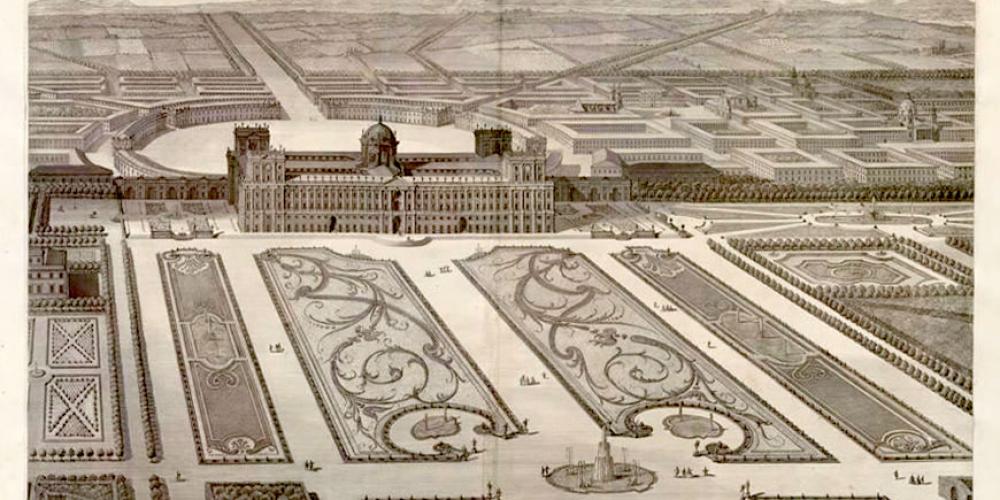 Luigi Vanvitelli (1700-1773), aerial view of the Royal Palace and Park of Caserta, 1756. ETH-Bibliothek Zürich, RAR 933 GF, http://dx.doi.org/10.3931/e-rara-7437 – Public Domain