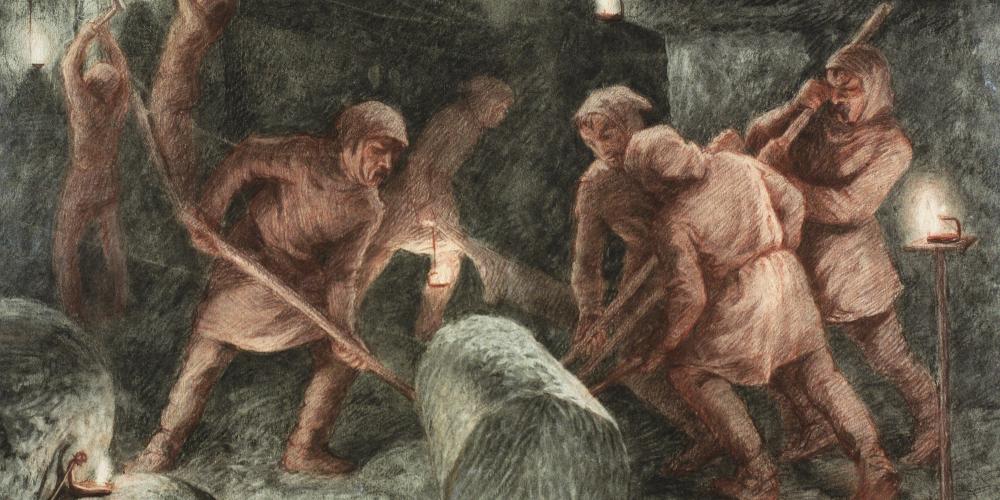 Rolling of salt loaves with wooden poles is one of the numerous professional specialisations of the workers of the former mine. – © Saltworks Museum in the Wieliczka Salt Mine. Drawing by Alfons Długosz Rolling of salt loaves with wooden poles is one of the numerous professional specialisations of the workers of the former mine. – © Saltworks Museum in the Wieliczka Salt Mine. Drawing by Alfons Długosz