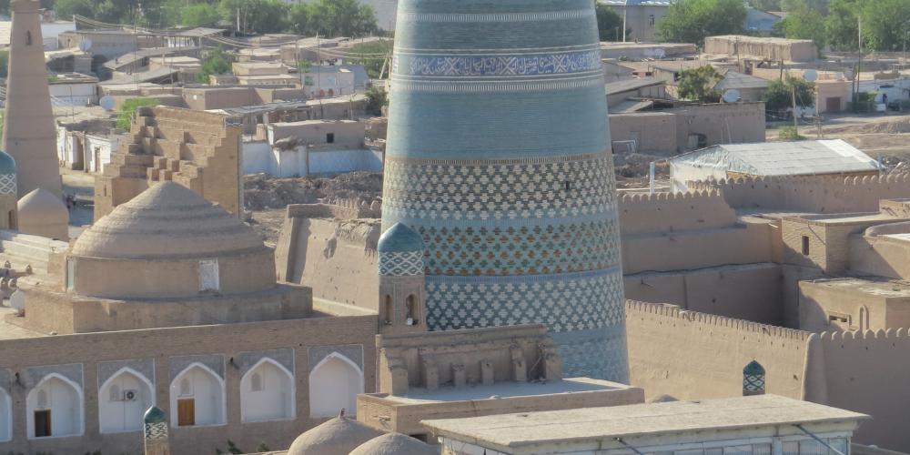 Kalta Minor Minaret aerial view at Itchan Kala, the walled inner town of the city of Khiva in Uzbekistan – Photo by Helen Turner