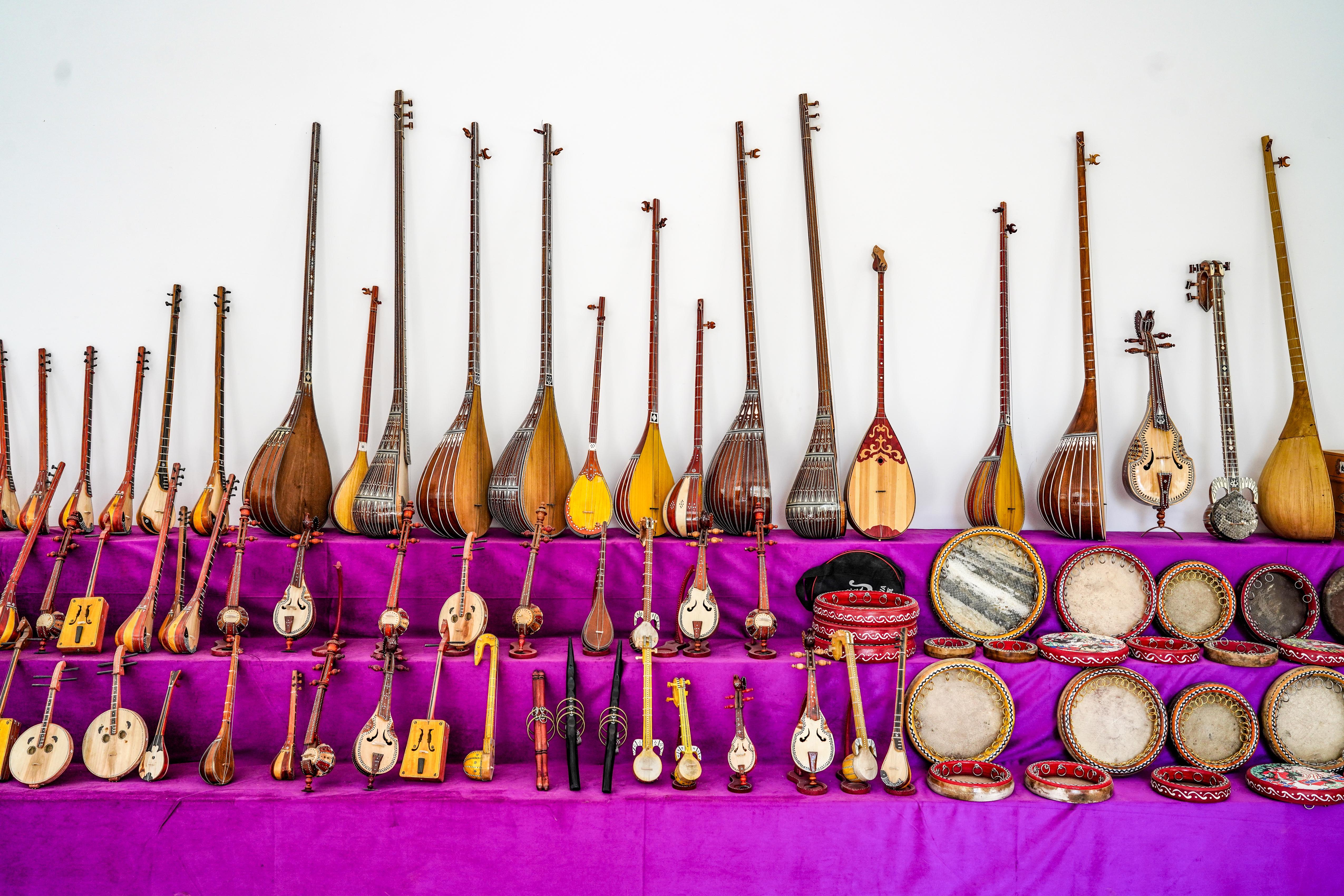 An array of traditional Uzbek instruments