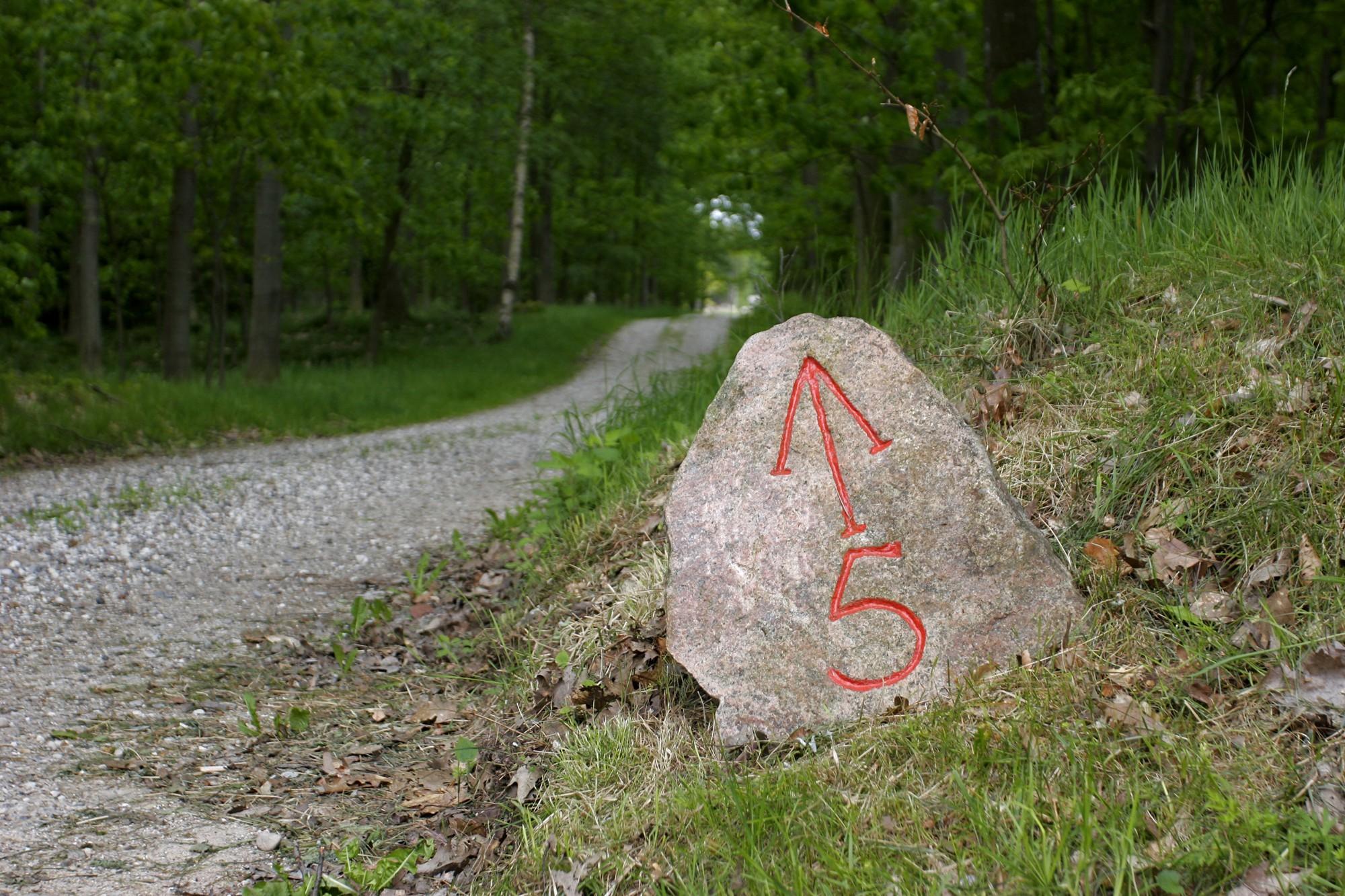 Les huit routes qui forment l'étoile du Parc à Cerfs sont identifiées par des repères numérotés en pierre. – © Erik Albertsen