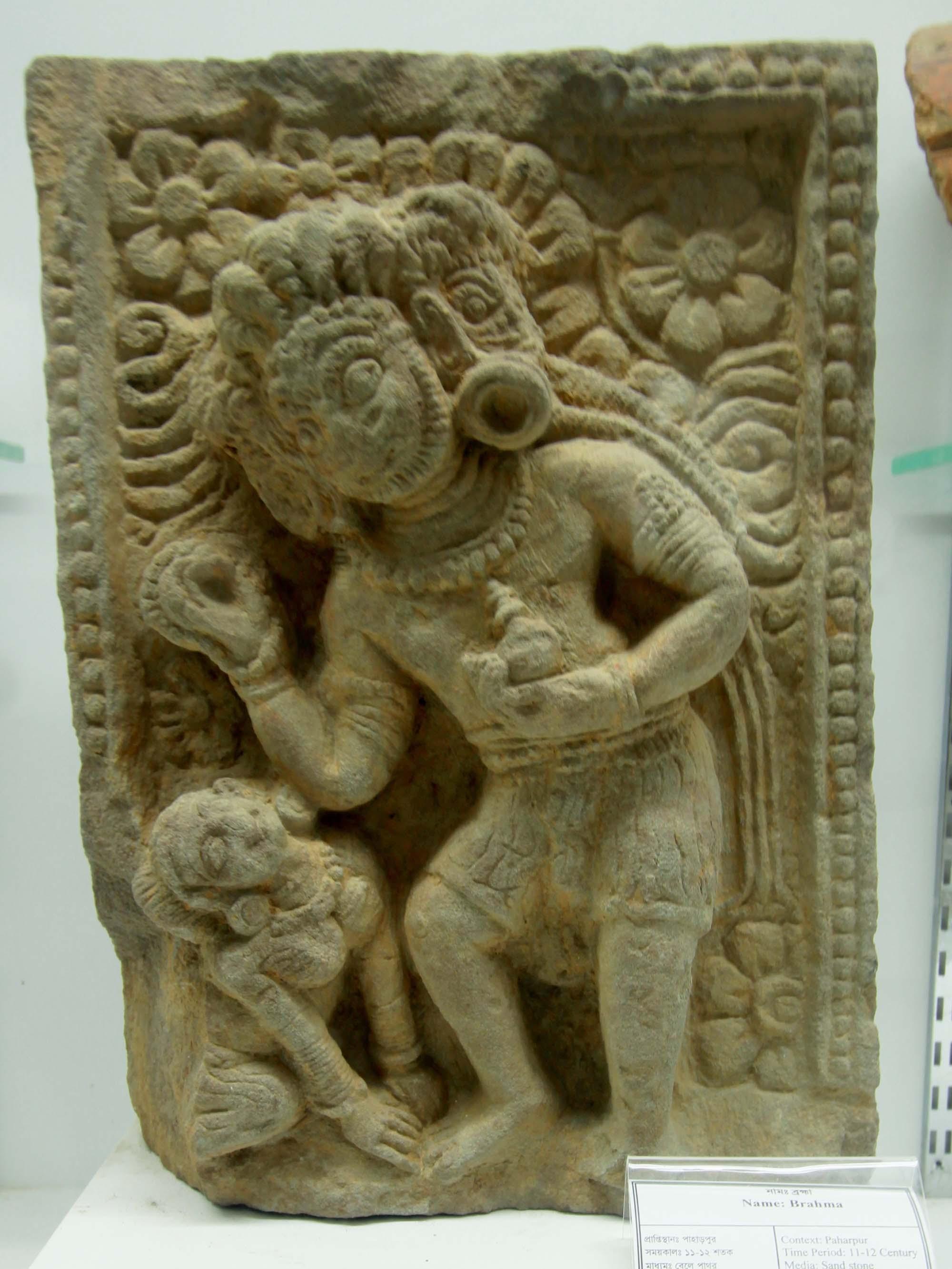 Sandstone sculpture of God Brahma (10th-11th century CE) displayed at Paharpur Museum, Naogaon – © Julfiker Ahmed