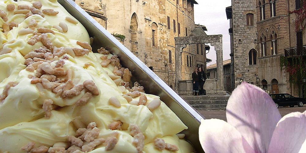 Crema di Santa Fina, an orange cream flavoured with bourbon vanilla pods (Madagascar), San Gimignano Saffron istils, and Pisa pine nuts. – © Gelateria Dondoli