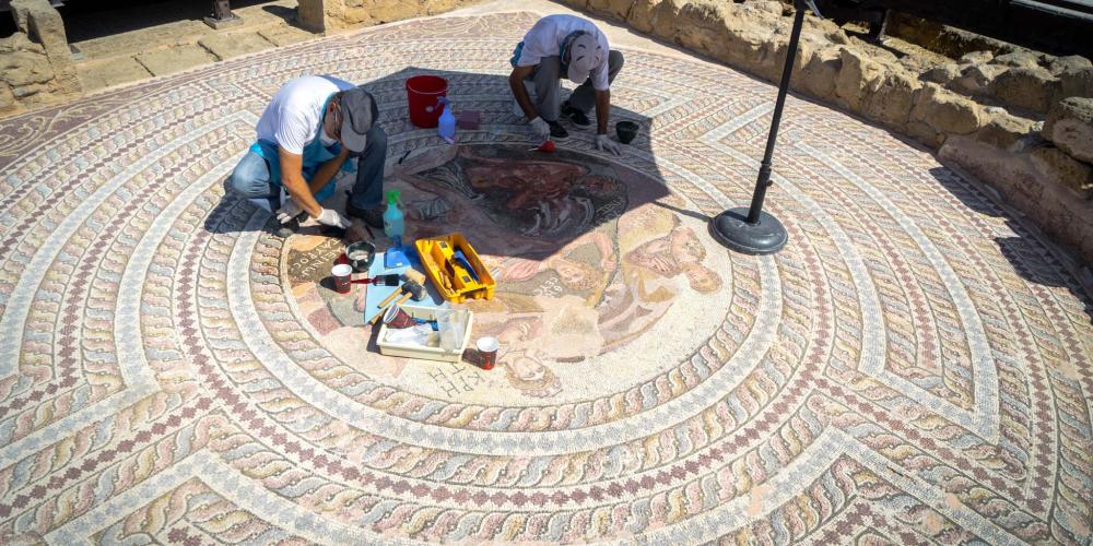 To protect the intricate floor mosaics at the Kato Pafos Archaelogical Site, conservation works are systematically conducted. – © Michael Turtle To protect the intricate floor mosaics at the Kato Pafos Archaelogical Site, conservation works are systematically conducted. – © Michael Turtle
