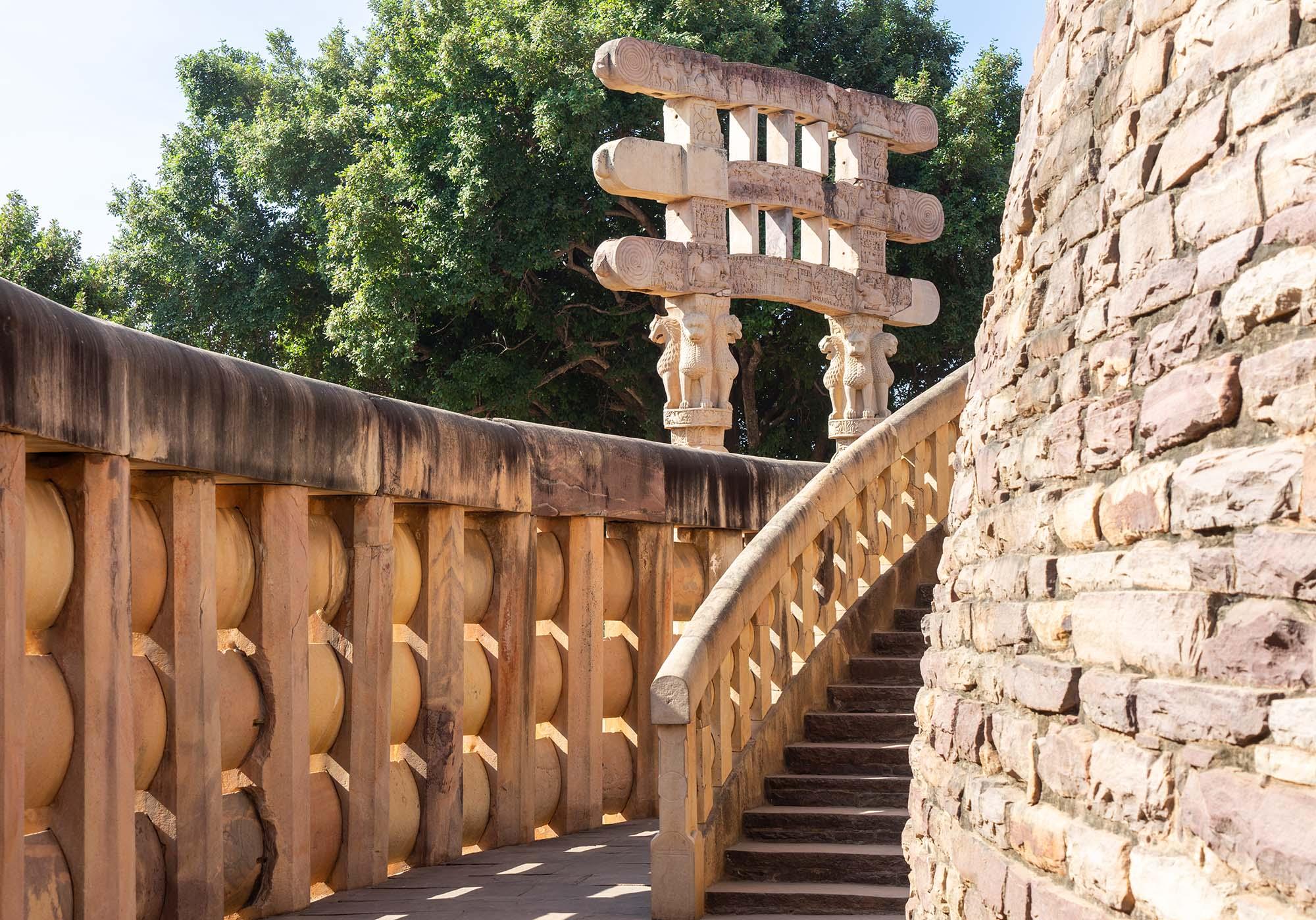 The intricately-carved gateways and the stone balustrades around the stupa were added in the years after Emperor Ashoka’s death. – © Michael Turtle