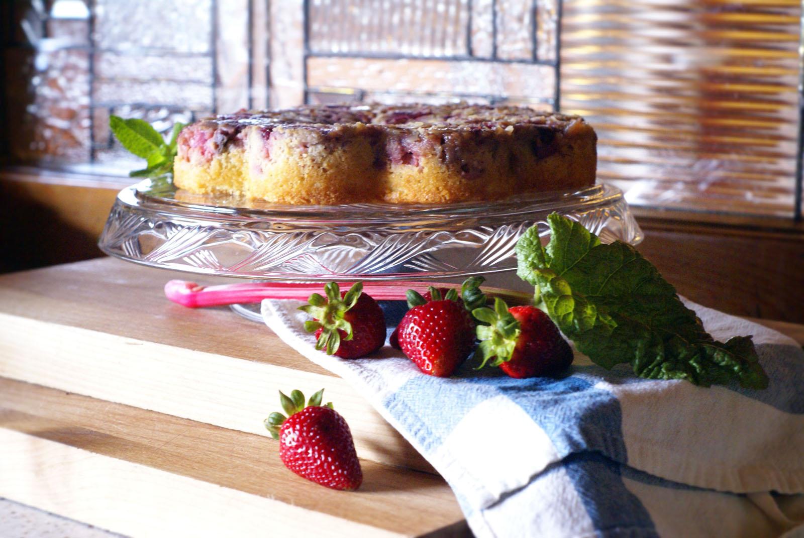Freshly baked strawberry rhubarb upside down cake.