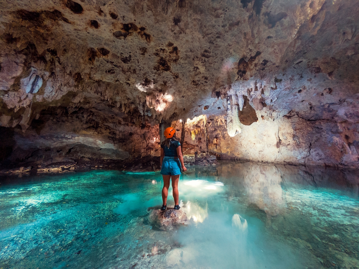 Exploring a cenote in Cancun.