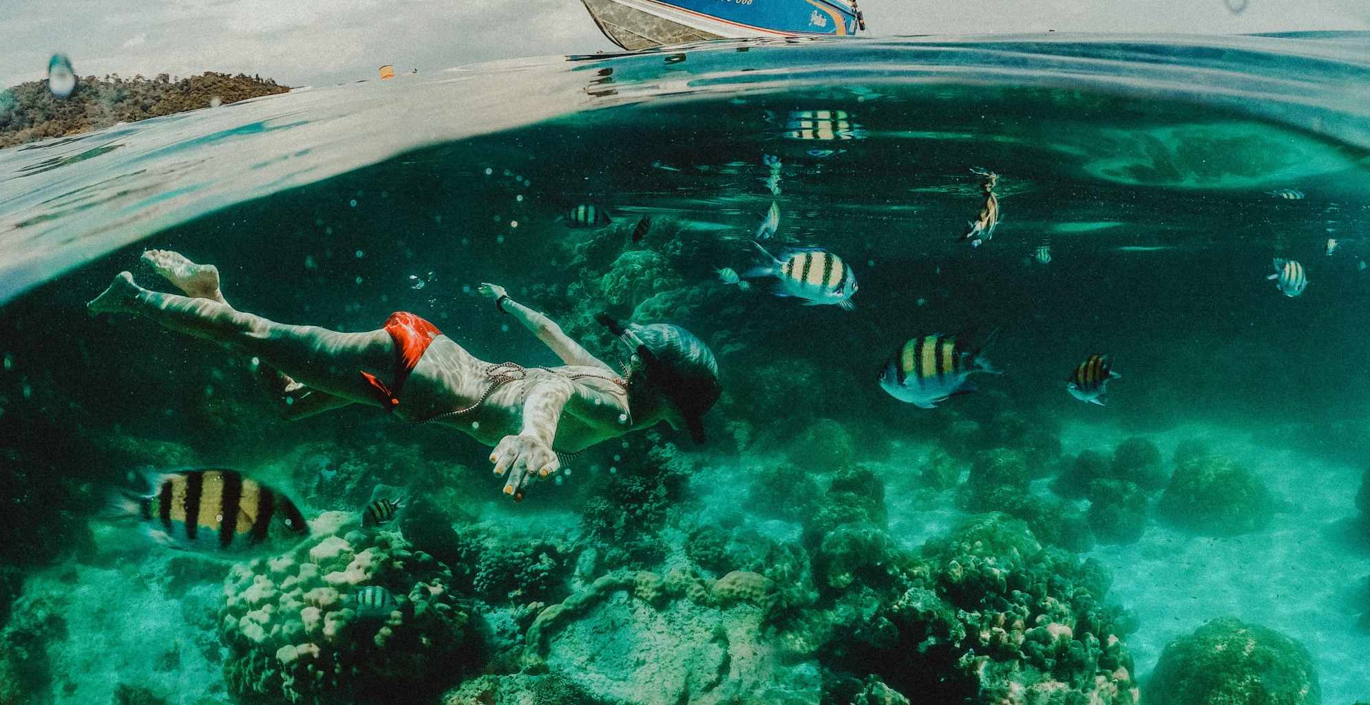Woman snorkeling in Mexico beneath boat