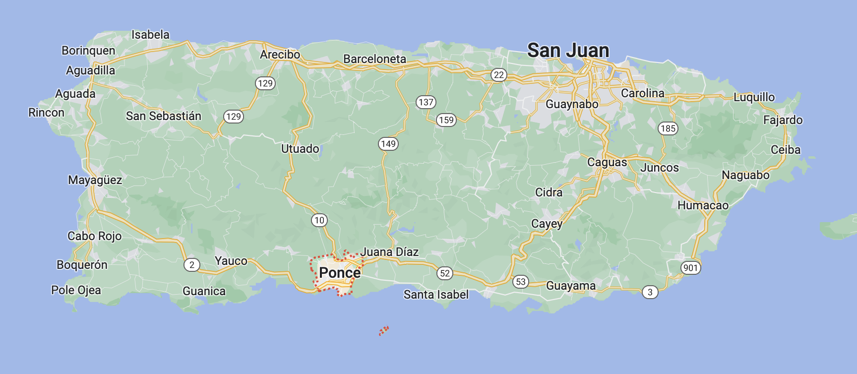 Map pinpointing Ponce, Puerto Rico