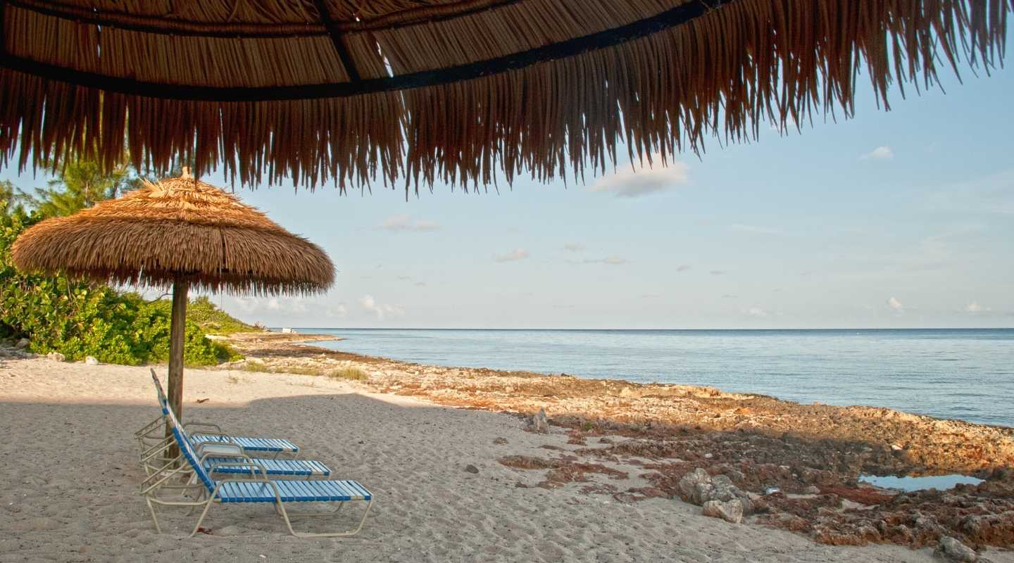 Beach chairs under palm roof hut. 