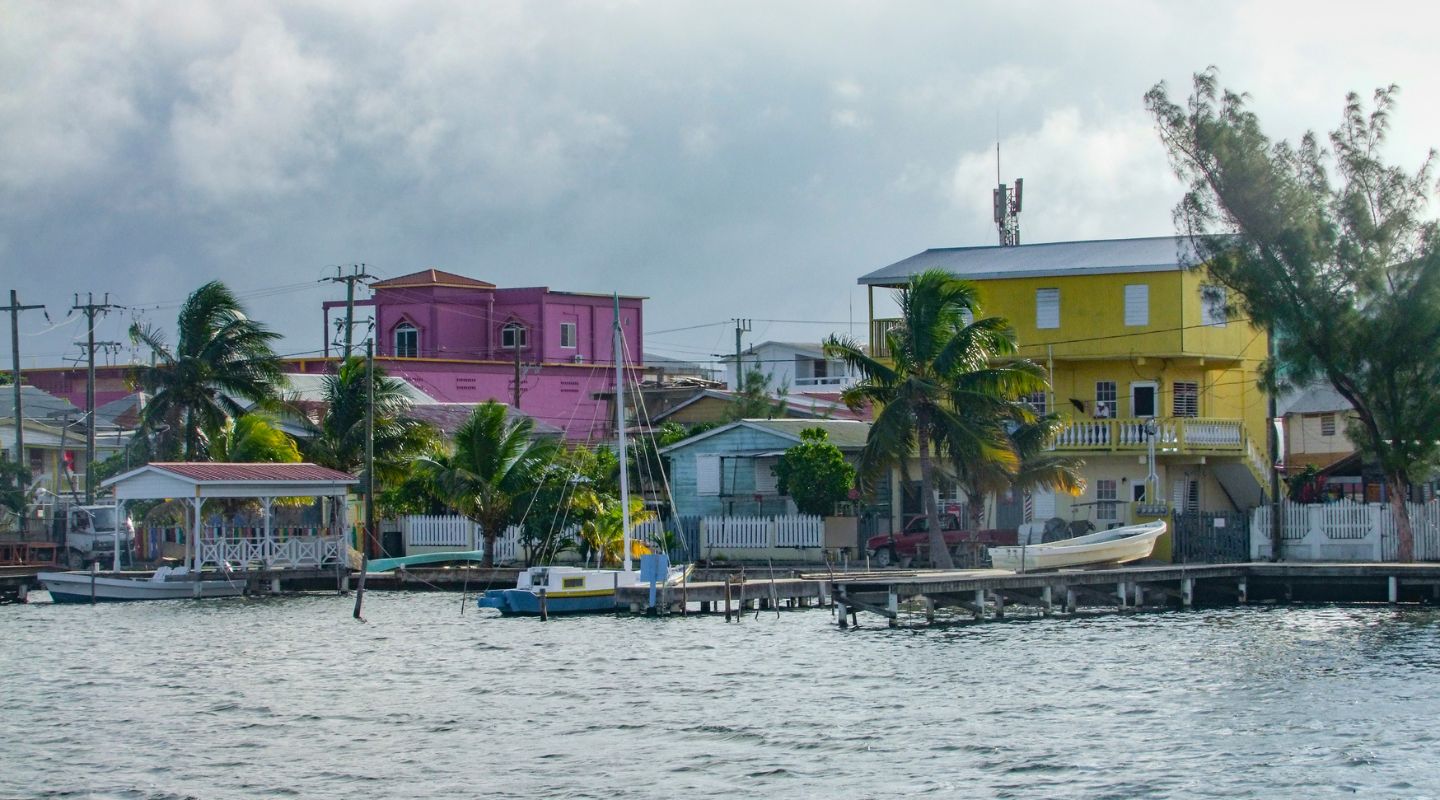 Colorful buildings seen from the ocean.
