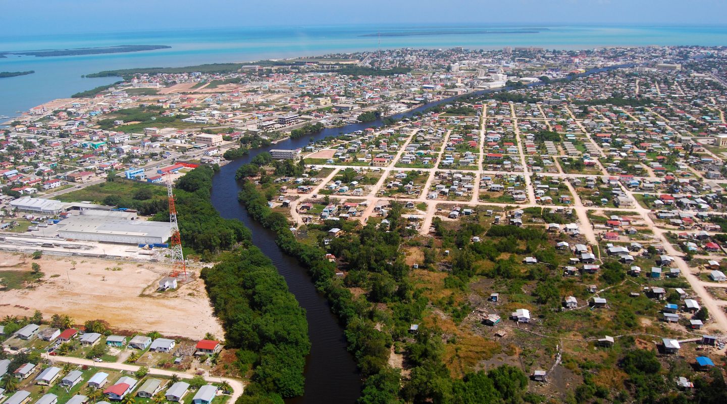 Aereal view of Belize, with a river crossing the whole city