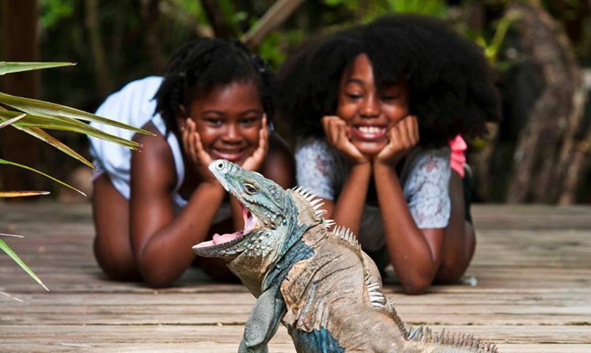 two girls looking at large iguana