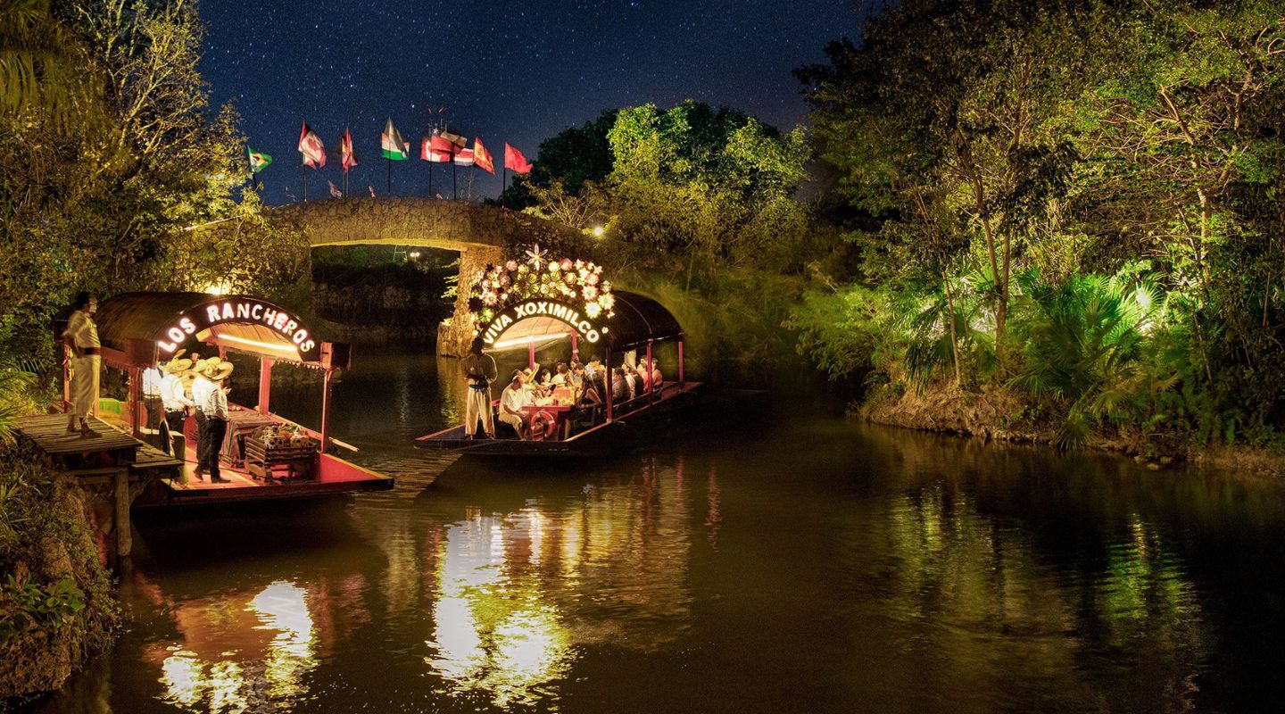 Two trajineras (boats) on a river at night.