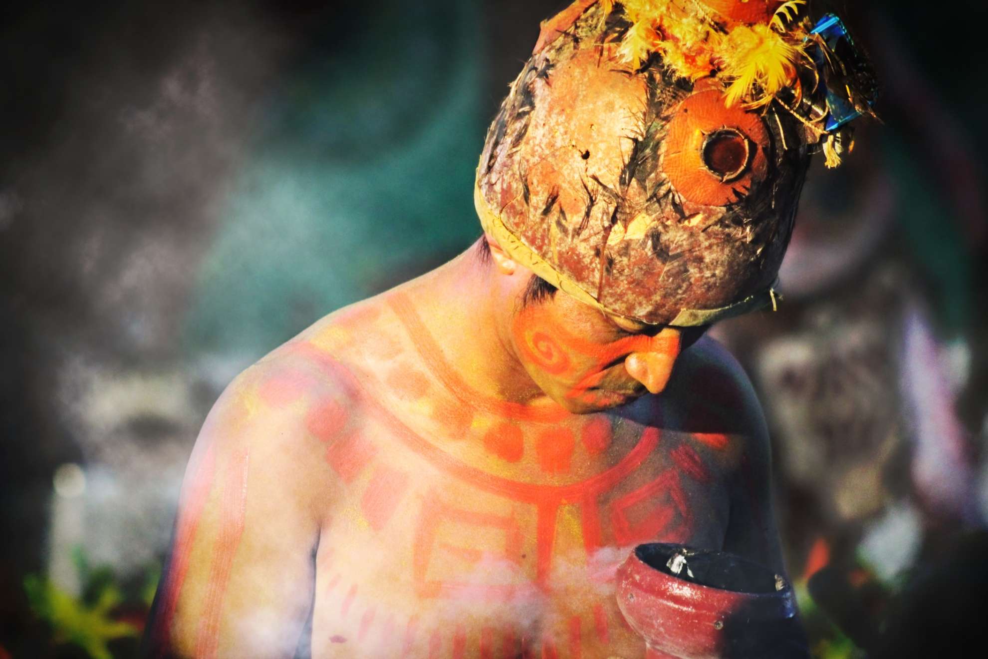 Mayan man in paint ready for ceremony