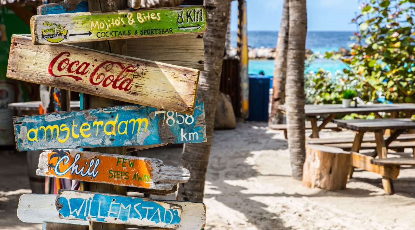 Wooden signboard with names of various countries. 