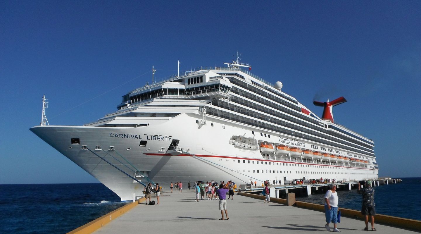 Huge cruise ship viewed from the dock. 