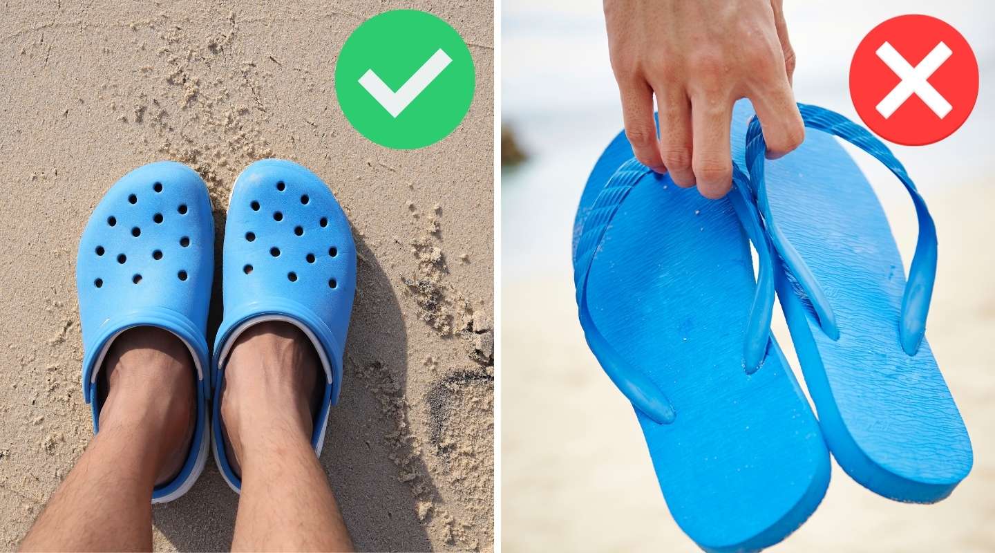 Image comparing crocs vs flipflops, with a green check on the crocs and a red cross on the flipflops. 