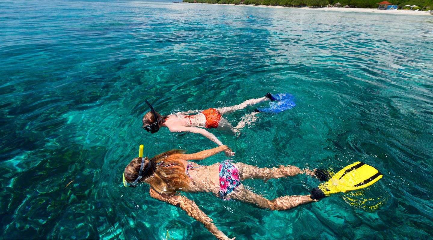 Overhead view of two women snorkeling on the ocean's surface