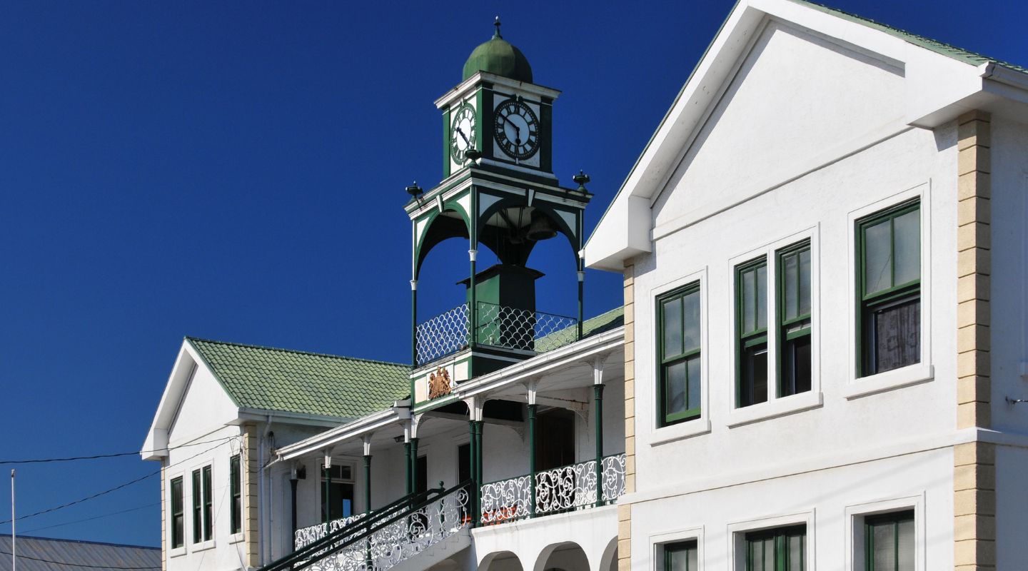 Side view of Belize's Supreme Court building. 