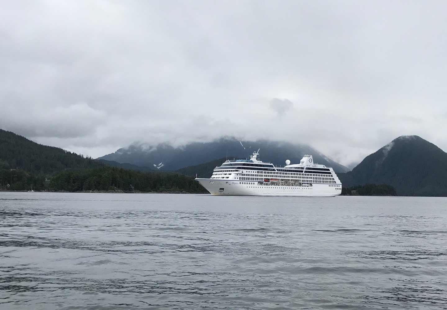 A cruise ship making it's way towards Sitka, Alaska.